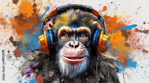 candid shot of an excited party monkey ape with headphones. beautiful Generative AI AIG32
