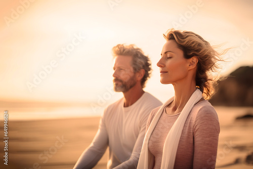 Peaceful shot of mature couple meditating by the sea at sunrise