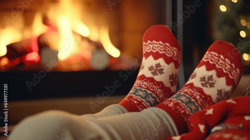 Feet in socks seen up close in a room with Christmas decorations and a fireplace in the background, Generative AI