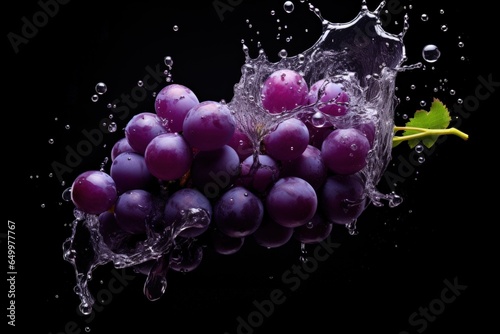 Bunch of grapes falling with water splash on black background, Generative AI