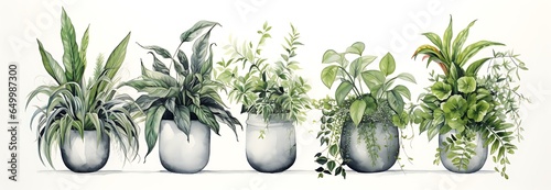 Illustration of various houseplants in vases on white background