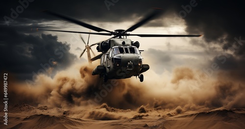 Helicopter in the desert. 3d rendering. toned image