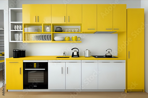 Modern shelving unit with dishware and kitchen counter near yellow wall. Modern kitchen interior