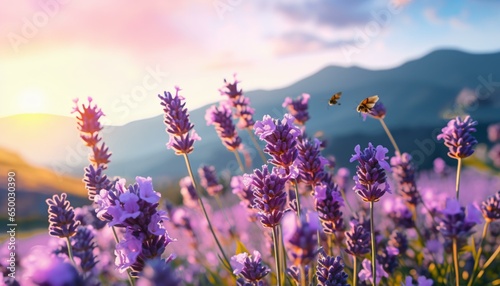 A bee flying over a field of vibrant lavender flowers