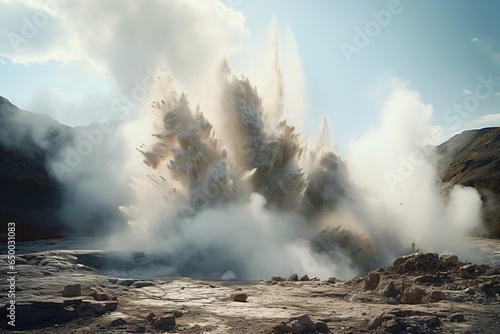 A majestic geyser erupting with force and releasing a powerful stream of steam into the sky