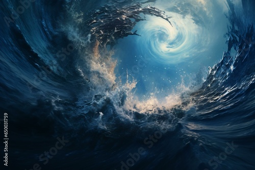 A breathtaking painting capturing the power and beauty of a giant wave in the middle of the ocean