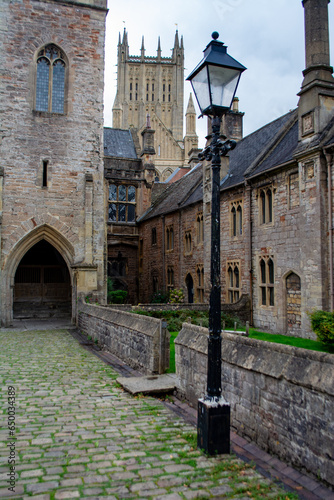 Wells, Somerset, uk. August 11th 2023. Vicars close, Wells. Raised chimneys in Europe's oldest residential street. Situated near Wells cathedral. Editorial with copy space.