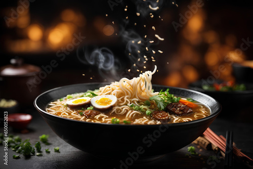 Japanese soup ramen in bowl on dark background. Commercial promotional food photo