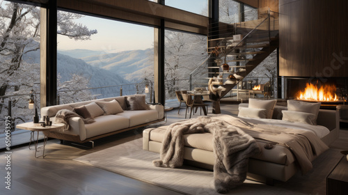 A hotel resort bedroom with a view of a snowy winter scene. The interior design is modern and simple. The balcony has a fire to keep you warm as you enjoy the views of nature