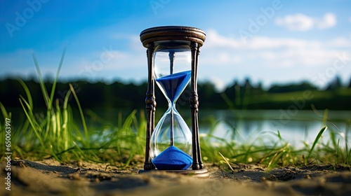 hourglass with dark blue sand in the grass