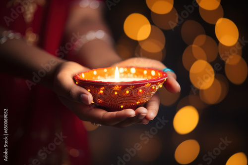 Hand hold Diya lamp lantern backdrop, Diwali festival light background