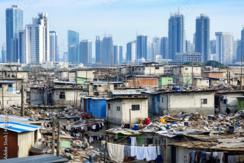 Concept of poverty and social inequalities. Shacks against skyscrapers