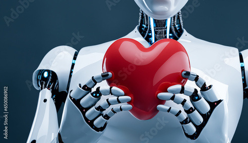 A robot holding a heart in front of its chest. Robot heart, robot love, robot emotions, robot feelings, AI control, etc. 胸の前でハートを持つロボット。ロボットの心、ロボットの愛、ロボットの感情、ロボットの気持ち、AIのコントロールなど