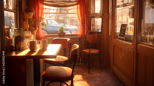 日光が差し込む暖かなカフェの内観パース