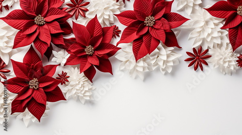 Christmas background with poinsettia flowers and white paper snowflakes