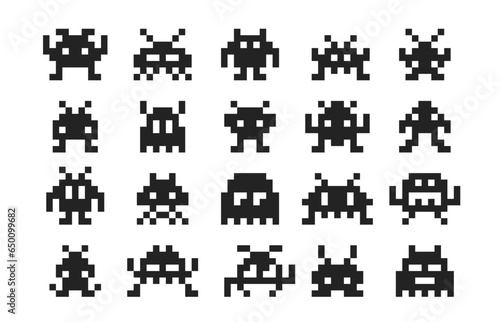 Arcade game pixel monsters characters. Retro video game vector silhouettes of aliens, space invaders, robots, zombies and viruses personages. 8 bit pixel art monsters with antennas and tentacles