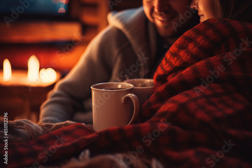 Quiet, intimate moment between a couple, sharing a cozy blanket and hot cocoa on a chilly evening, close-up framing