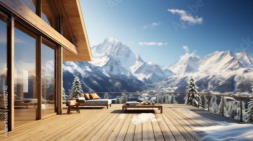 wooden house with beautiful snowy mountains view.