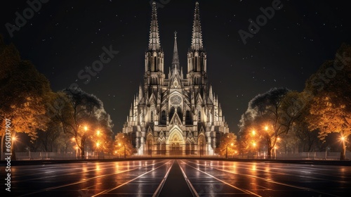 Notre-Dame de Paris on a beautiful summer night, glowing with night lights. French old Catholic gothic Church. Famous Tourist destination. Ai generated.