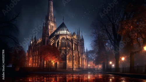 Notre-Dame de Paris on a beautiful summer night, glowing with night lights. French old Catholic gothic Church. Famous Tourist destination. Ai generated.