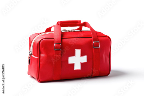 Red bag with first aid kit on white background