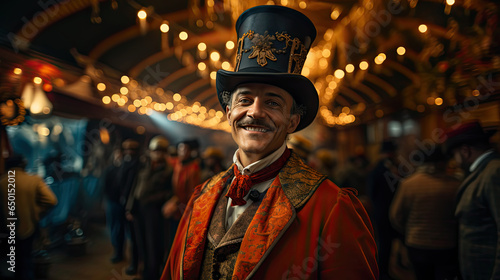 Portrait of a showman in costume at circus. Vintage portrait of male retro circus entertainer.