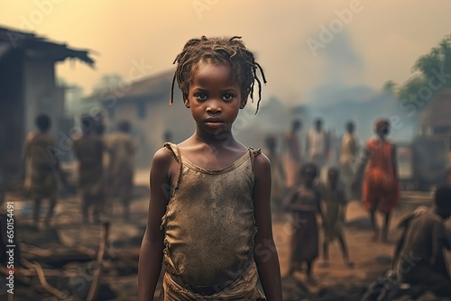 Poor African girl in front of her village. Social problems, poverty