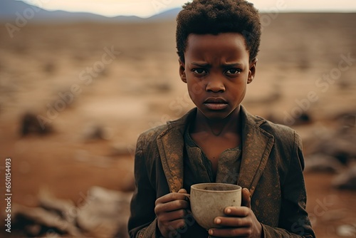 African child close-up with an empty iron mug against the backdrop of a dry river bed. Drought, water shortage problem.