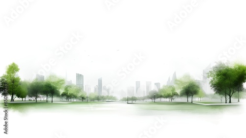 Green urban area planning. Sketch of an empty city park, devoid of people, isolated on a clean white background. The sketch features trees and captures the serene atmosphere of a quiet city park.