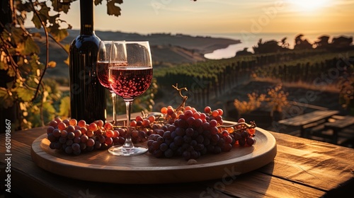 Outdoor vineyard tasting: Wine bottle and glass with scenic backdrop and grapes 