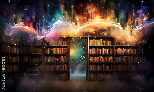 beautiful bookshelf background with colorful light splashes, Generative Ai