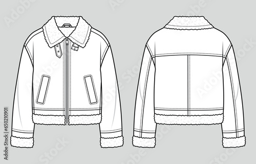 Oversized short leather jacket with fur. Unisex style. Fashion sketch. Flat technical drawing. Vector illustration.