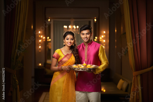 Indian couple celebrating diwali festival together at home