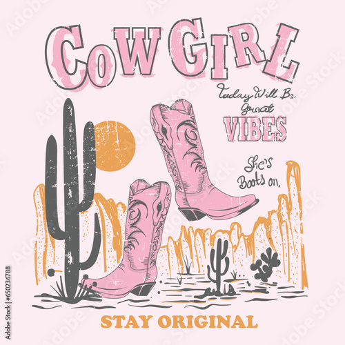 pink color desert cowgirl vector prints, wild west cowgirl boot and cap, cowgirl boots typography vector design, western desert design, cowgirl vintage print, Arizona desert design, scorpion in desert