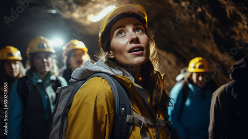 Young woman guiding a group of tourists on an underground cave exploration , speleology or caving concept
