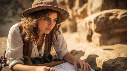Young archeologist woman taking part in a high-stakes competitive treasure hunt in an ancient archaeological site looking at documents and map to find the relics