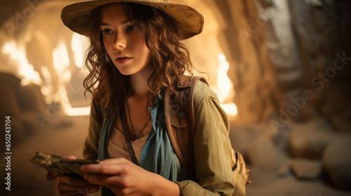 Young archeologist woman taking part in a high-stakes competitive treasure hunt in an ancient archaeological site looking at documents and map to find the relics