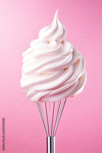 Whipped cream on the whisk over pink background. Generative Ai