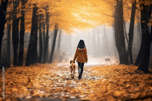 A young asian woman is walking happy on a forest trail with a dog running around in a old and tranquil forest seen from behind - vibrant autumn coloration of leaves on a walk in spare or free time