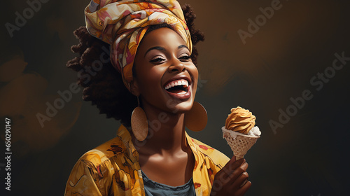 mulher africana com expressão sorridente com sorvete