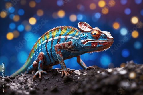 Colorful chameleon on a blue background. ai generative