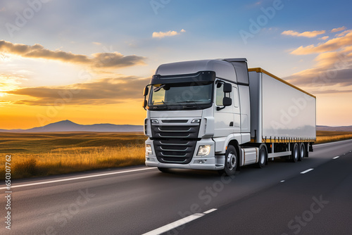 Cross-country truck hauling cargo isolated on a highway gradient background 