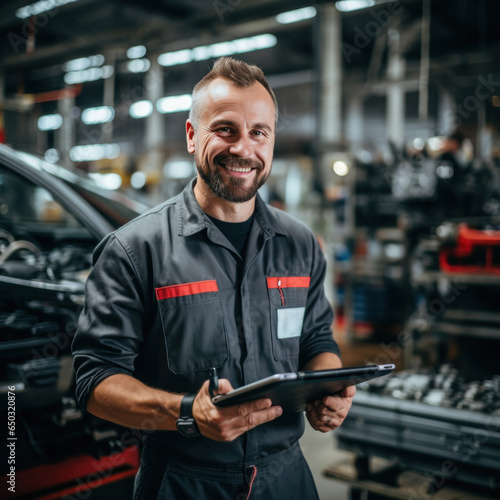 mécanicien automobile en combinaison de travail en train de faire un diagnostic mécanique sur un véhicule avec sa tablette connectée