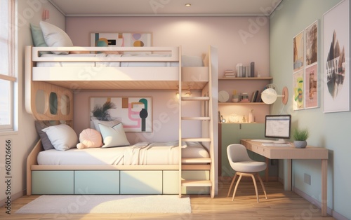 Modern teen bedroom featuring a custom-made with bunk bed, cozy and efficient. Generative AI