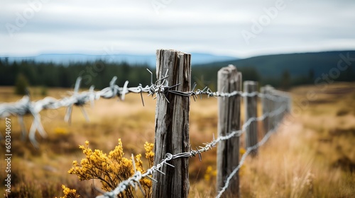 a desolate autumn field, a ranch fence, a deserted border. generative AI