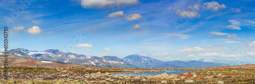 Mountain panorama with lake in Jotunheimen national park in Norway, Europe
