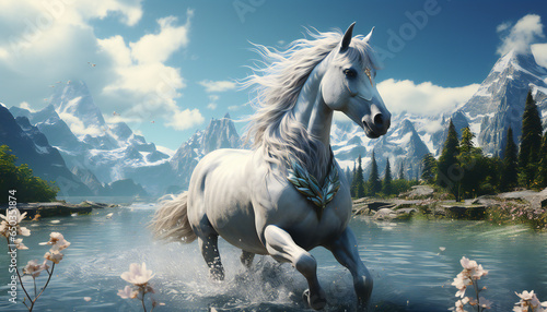 Artistic recreation of a magic white horse trotting in a river in the snow mountains
