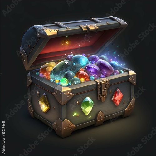 Premium currency shop chest overflowing full of sparkly gems iconography for a videogame cash shop Metallic and obsidian chest 