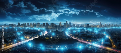 widok miasta i pola energetycznego i fal telekomunikacyjnych wielkiego cyfrowego miasta