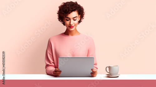 mujer con cabello corto con una laptop y una taza de café, aislada en un fondo rosado 